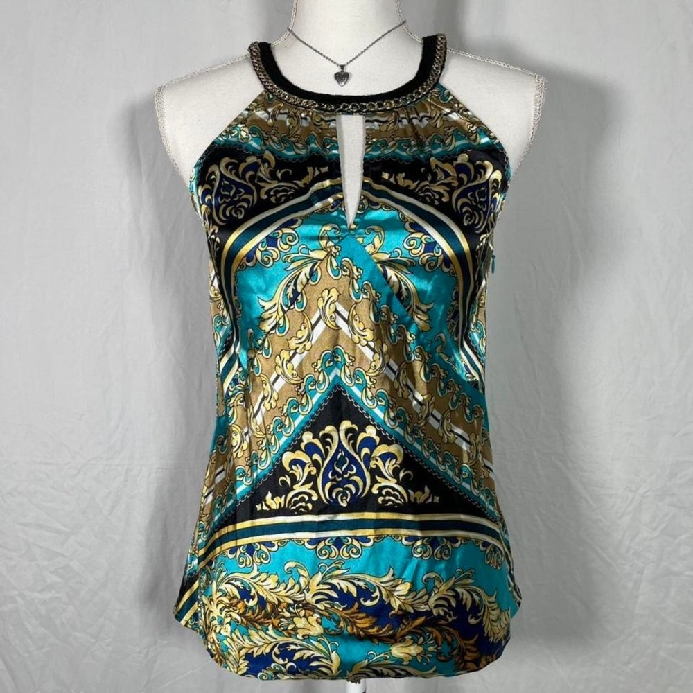 y2k cache blue & gold print halter top with chained trim and keyhole detail